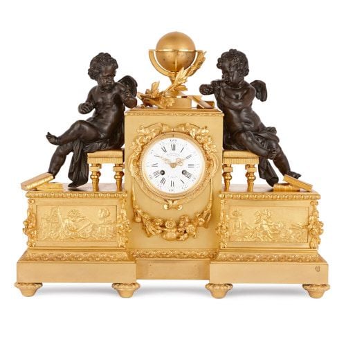 Gilt and patinated bronze mantel clock by Delafontaine