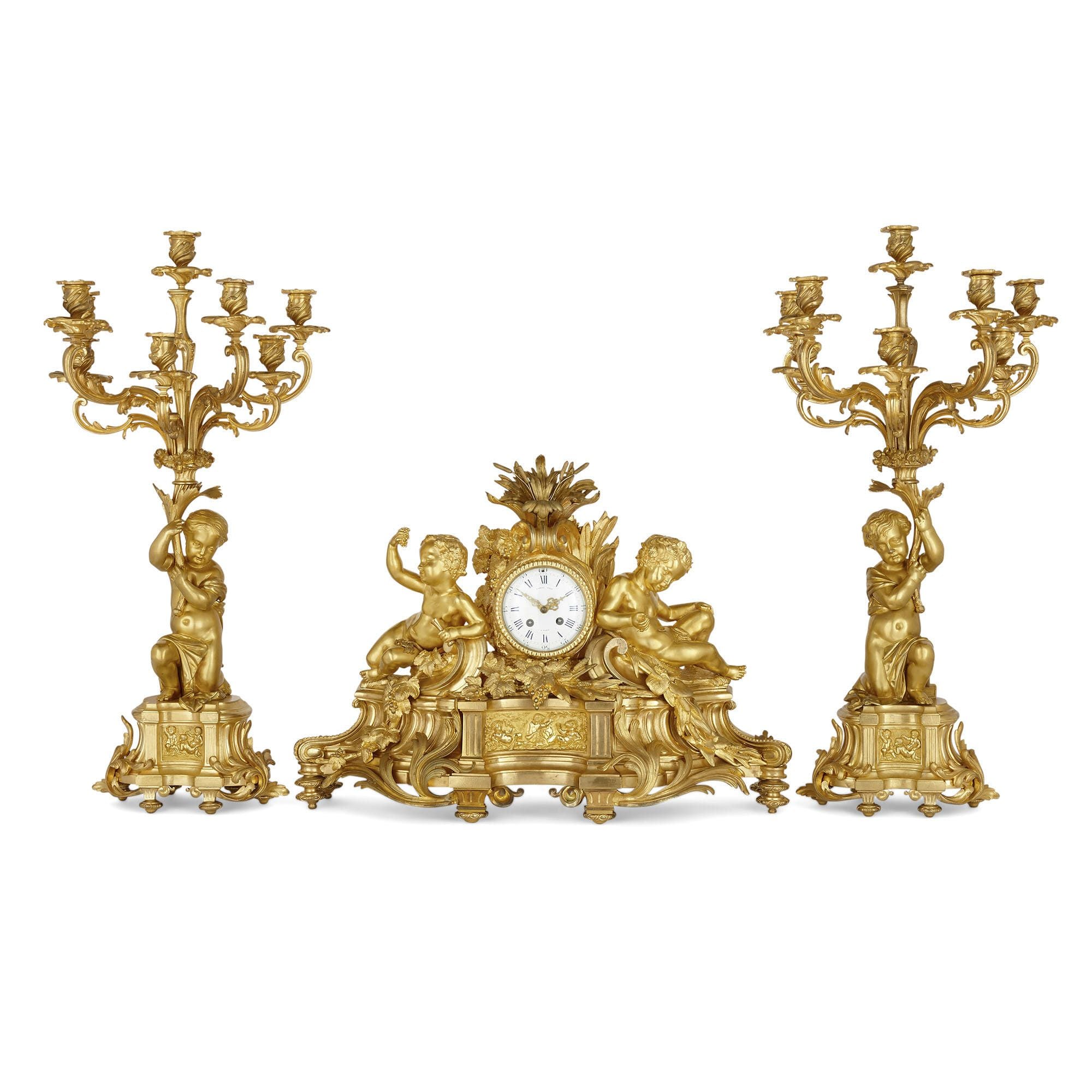 Rococo style ormolu clock set by Picard and Raingo Frères