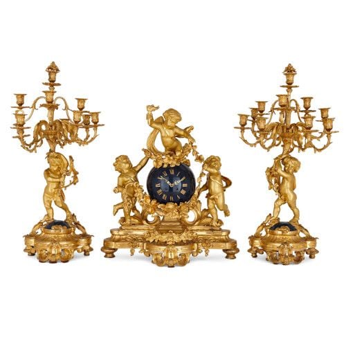 Large ormolu three-piece clock set by Popon