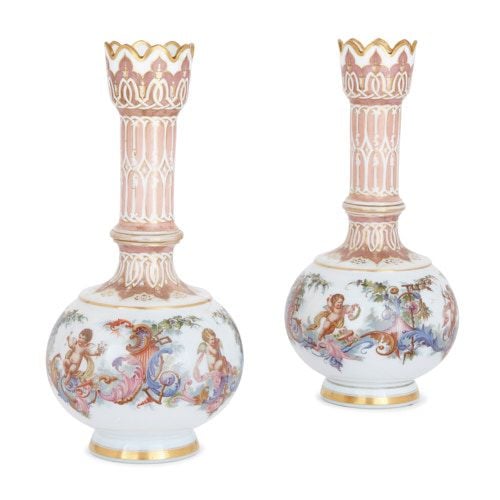 Pair of antique Bohemian parcel gilt opaline glass vases