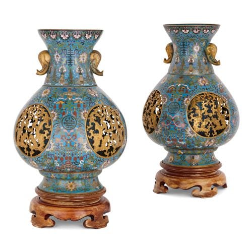 Pair of antique Chinese cloisonné enamel reticulated vases