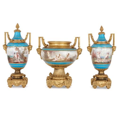 Ormolu mounted porcelain vase garniture by Sèvres and Picard