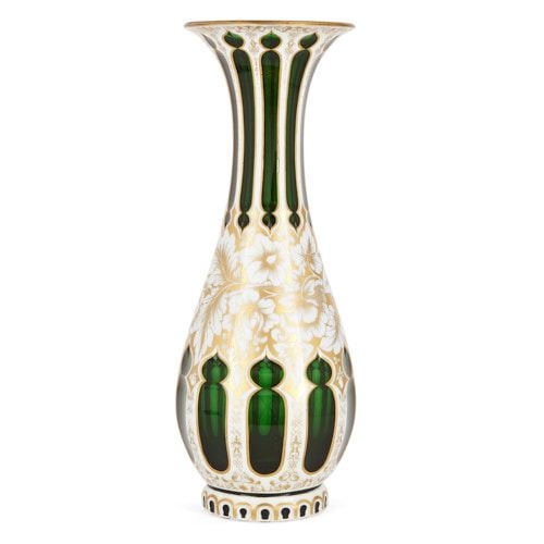 Bohemian parcel gilt white overlay green glass vase