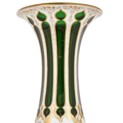 Bohemian parcel gilt white overlay green glass vase | Mayfair Gallery