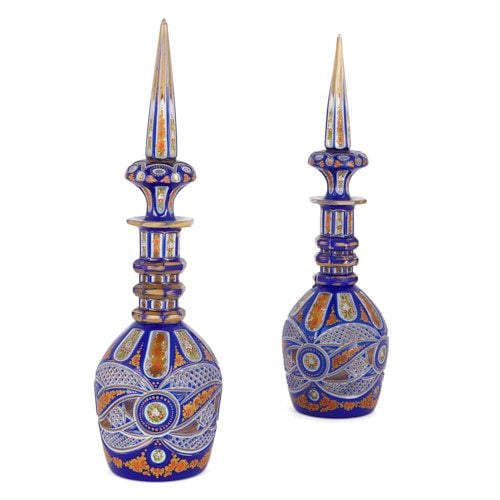 Pair of Bohemian blue flash overlay cut-glass decanters 
