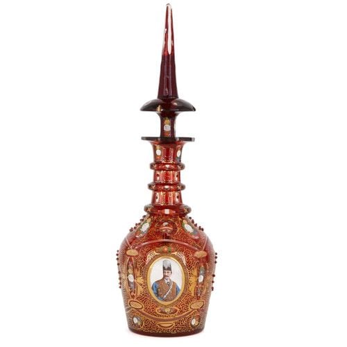 Bohemian parcel gilt and enamelled ruby glass decanter