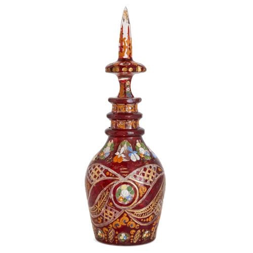 Bohemian parcel gilt, enamelled and cut ruby glass decanter