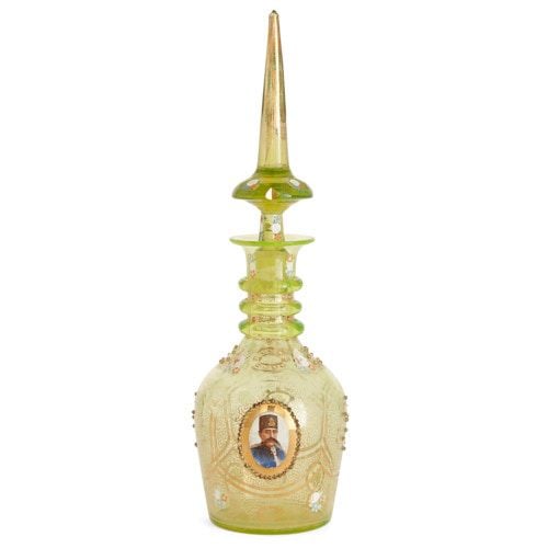 Bohemian enamelled and gilt green glass decanter 