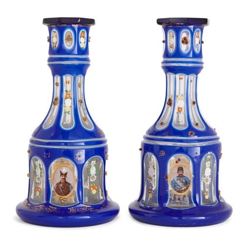 Two enamelled and gilt blue overlay clear glass huqqa bases
