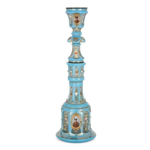 Bohemian enamelled and gilt blue overlay glass huqqa pipe