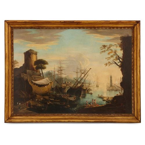 Antique oil painting of a seaport scene after Salvator Rosa