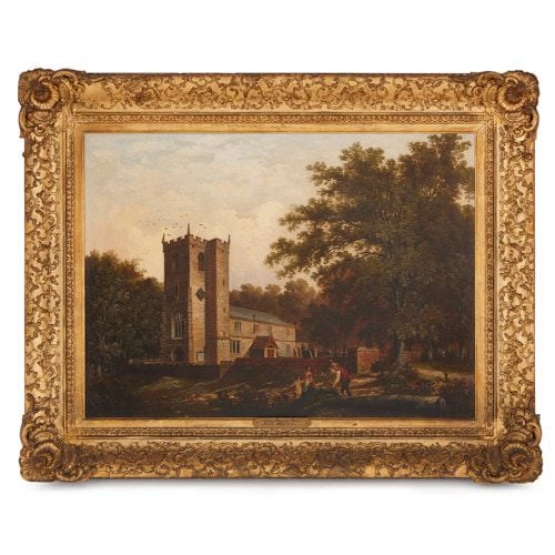 Antique English oil painting of church in giltwood frame