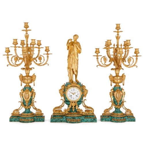 Ormolu and malachite clock set by Victor Paillard & Romain