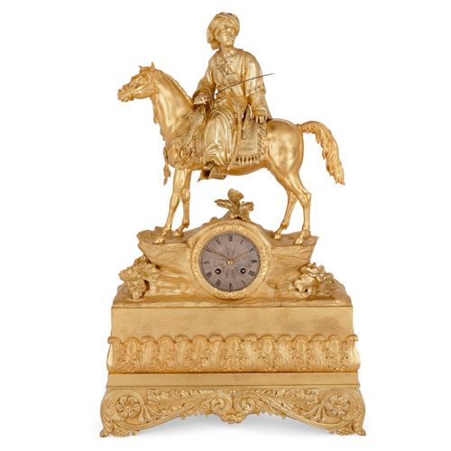 Large Orientalist ormolu sculptural mantel clock