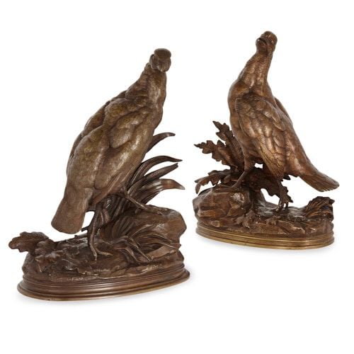 Pair of patinated bronze partridges by Moigniez