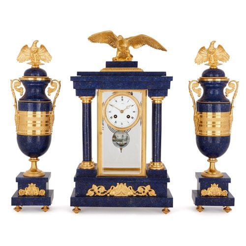 Neoclassical style ormolu mounted lapis lazuli clock set