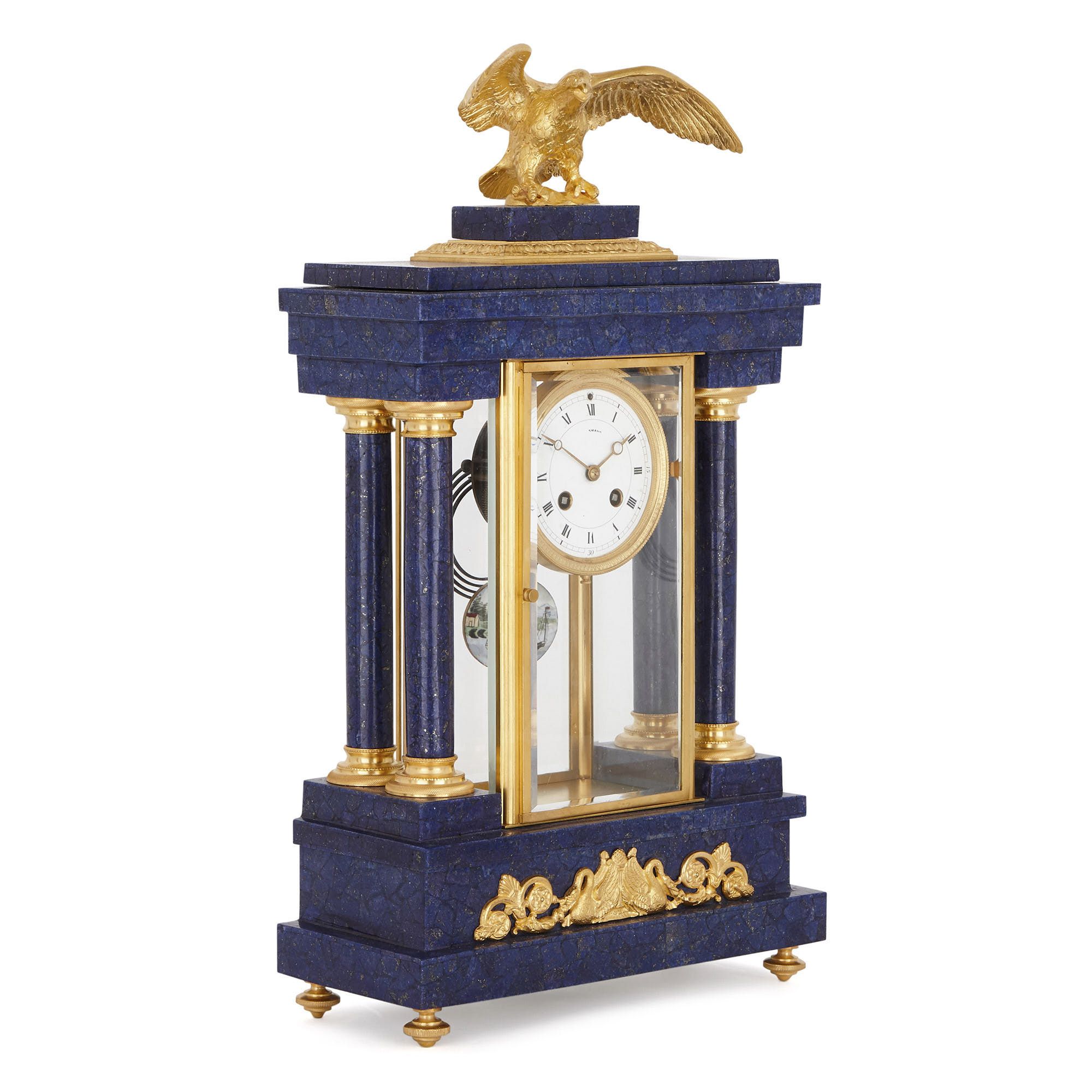 Neoclassical style ormolu mounted lapis lazuli clock set
