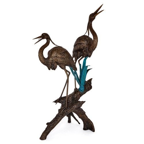 Large patinated and painted bronze heron bird fountain