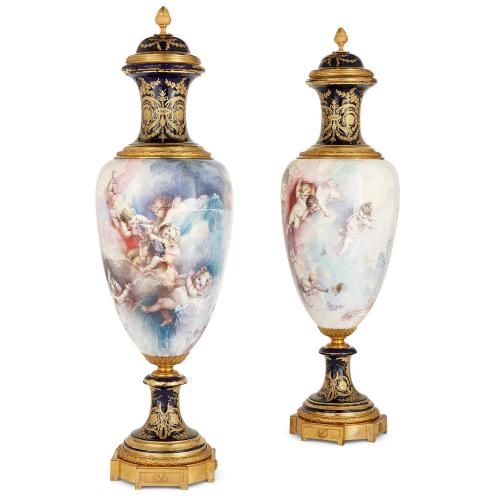 Pair of large ormolu mounted Sèvres style porcelain vases