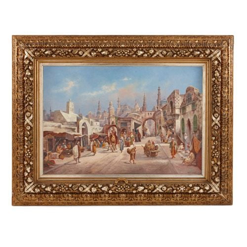 Large Orientalist painting of a busy street by Haddon