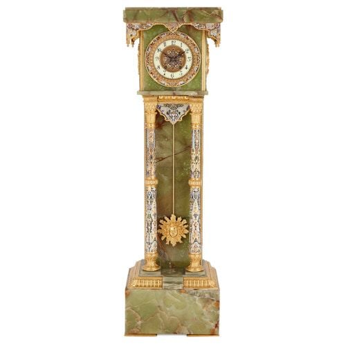 Green onyx, ormolu, and champlevé enamel pedestal clock