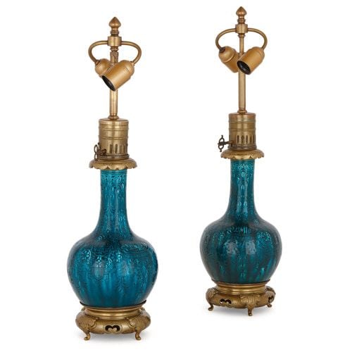 Two ormolu and blue faience lamps, attributed to Théodore Deck 