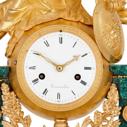 Louis XVI malachite and ormolu mantel clock by Terrien | Mayfair
