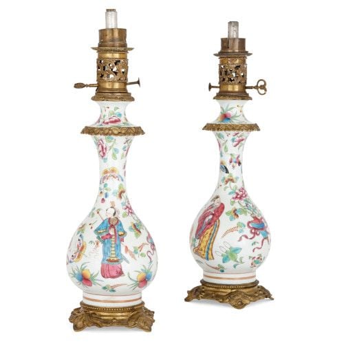 Pair of Chinoiserie ormolu and Bayeux porcelain oil lamps