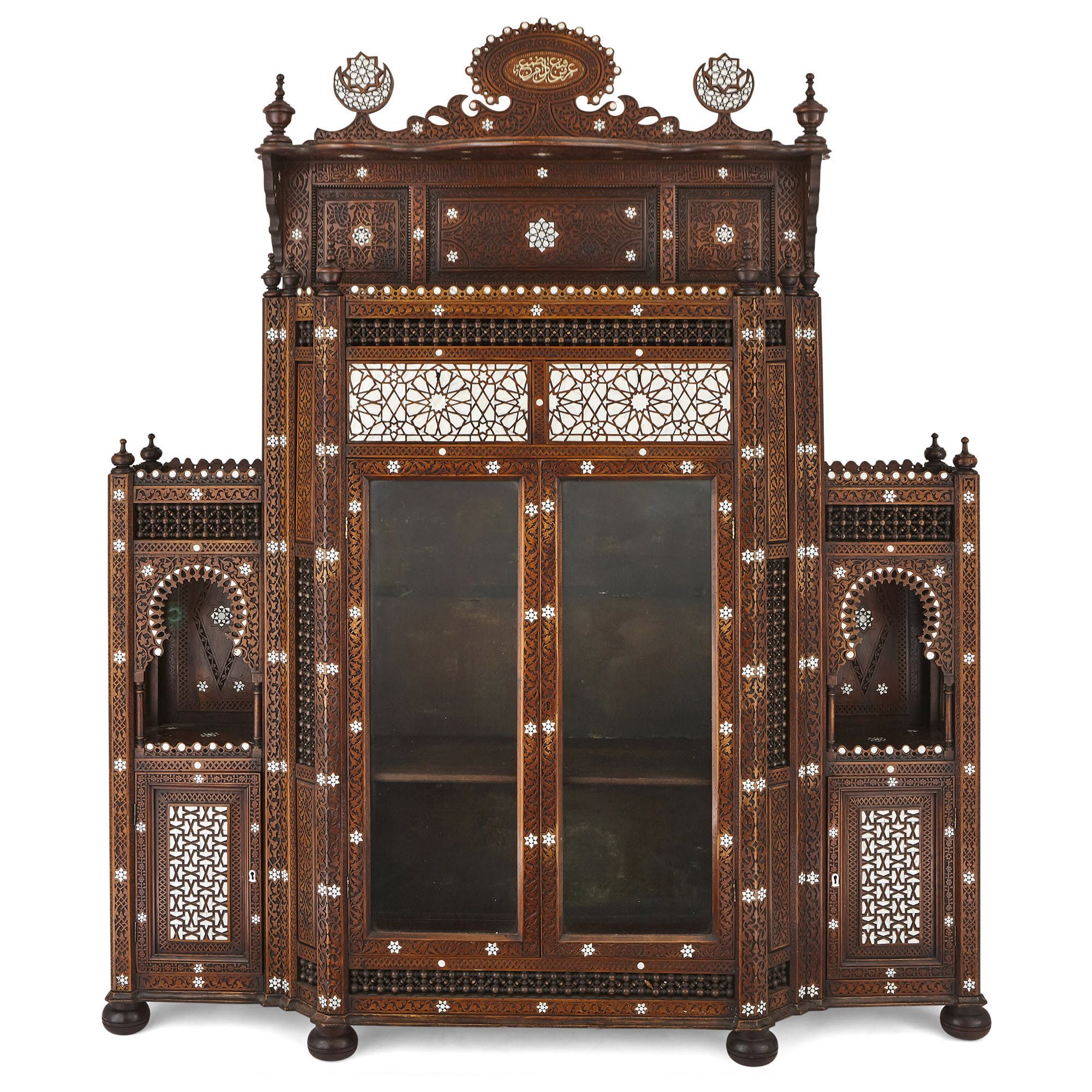 Large antique Syrian mother of pearl inlaid vitrine ...