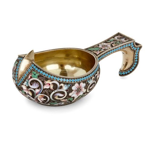 Russian silver-gilt and cloisonné enamel kovsch vessel