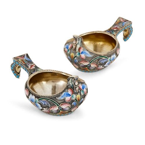 Pair of antique cloisonné enamel Kovsches by Maria Semenova