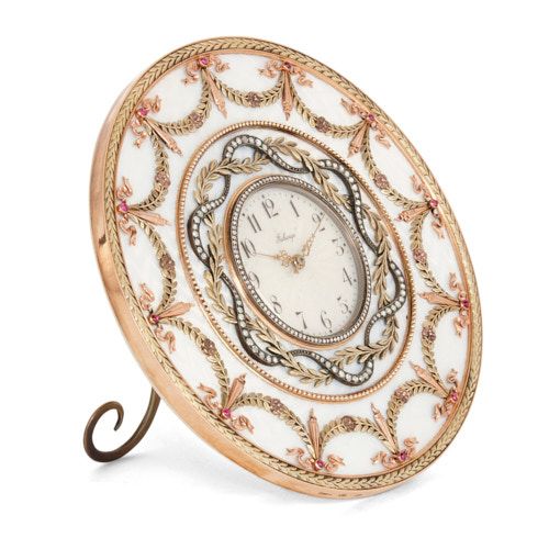Fabergé style gold, enamel, and precious stone table clock