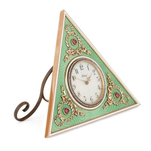 Fabergé style gold, enamel, and precious stone table clock