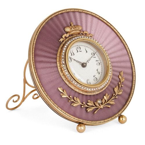 Fabergé style gold, enamel, and pearl table clock
