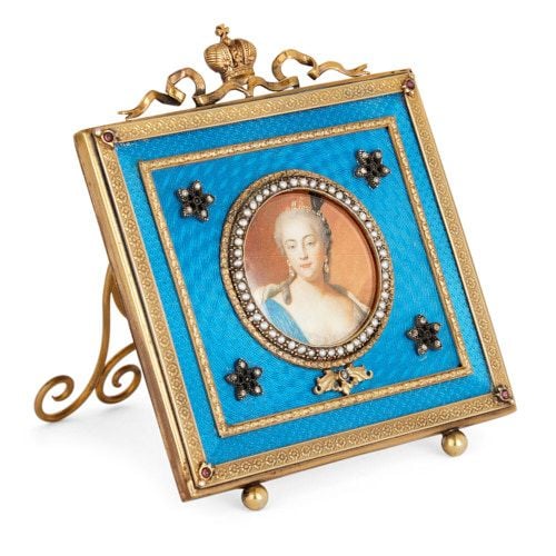Fabergé style silver-gilt, enamel, and pearl picture frame
