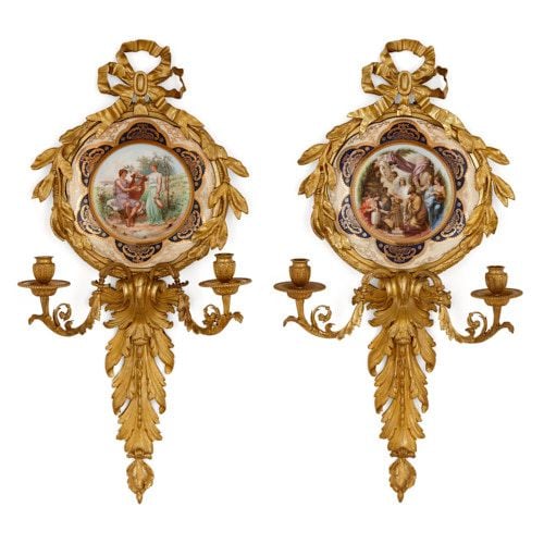 Pair of ormolu mounted porcelain wall lights by Pauly & Co.