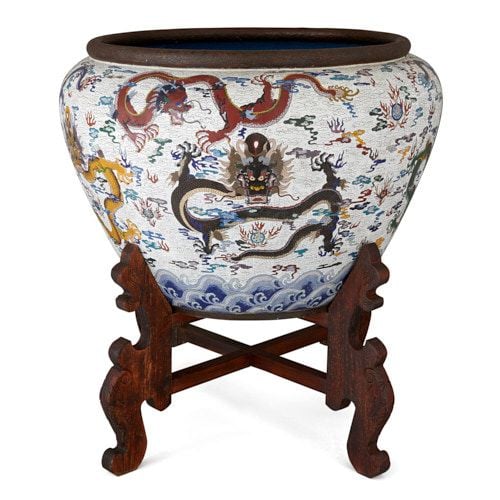 Monumental Chinese cloisonné enamel jardinière on stand