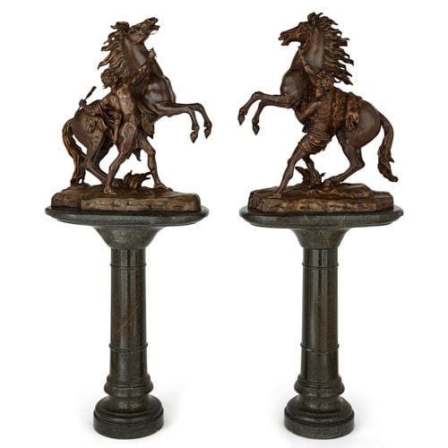 Monumental pair of French bronze Marly horses with pedestals