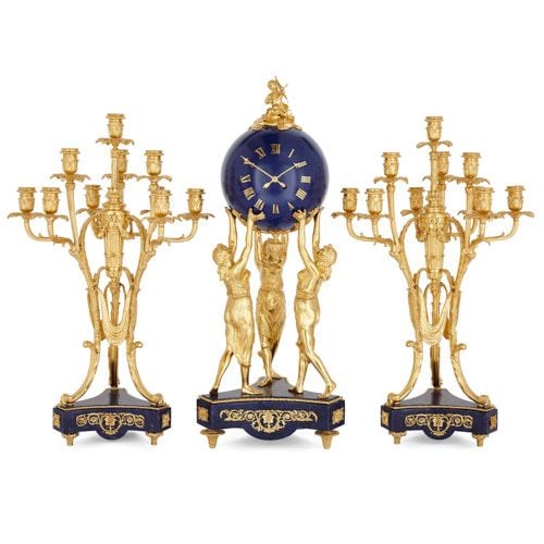 Louis XVI style ormolu and lapis lazuli figural clock set