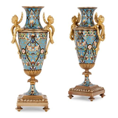 Pair of ormolu mounted champlevé enamel vases
