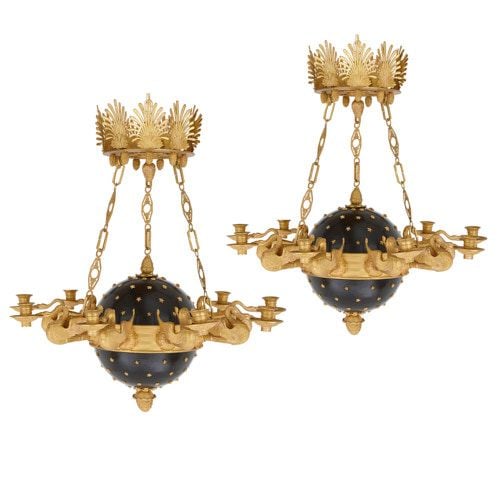 Pair of French Empire style ormolu chandeliers