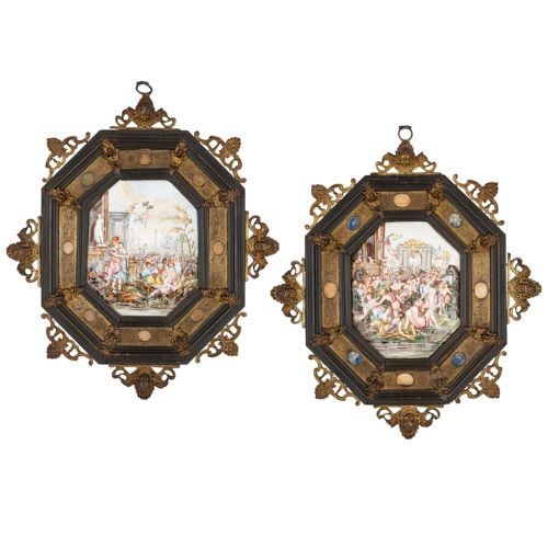 Pair of framed Capodimonte porcelain relief plaques