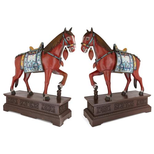 Very large pair of Chinese cloisonné enamel and wood horses