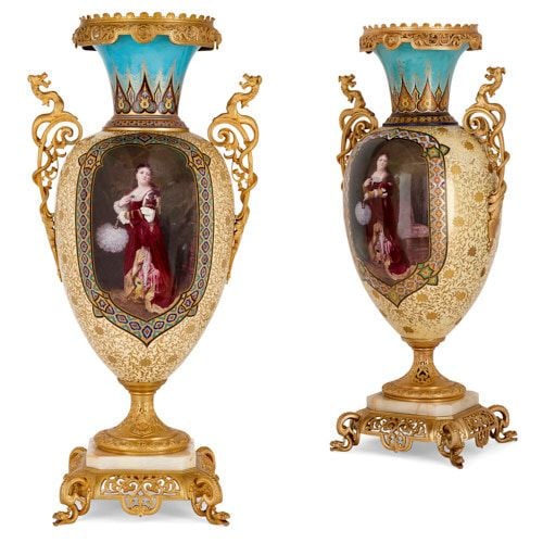 Two large and impressive porcelain vases with ormolu and onyx