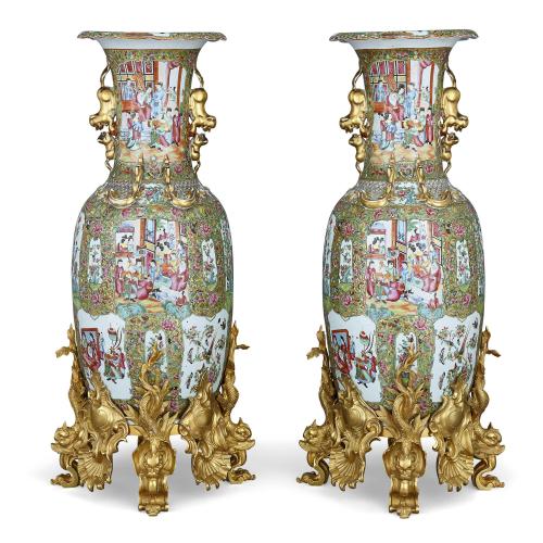 Pair of large Chinese Canton famille verte gilt porcelain vases