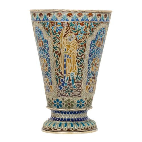 Russian silver-gilt and enamel beaker by Ovchinnikov