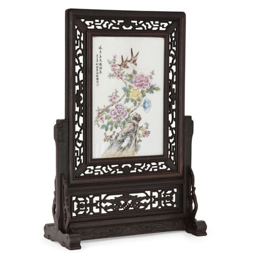 Chinese carved hardwood and porcelain screen