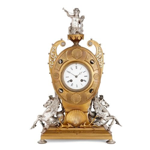 Victorian period silvered and gilt bronze mantel clock