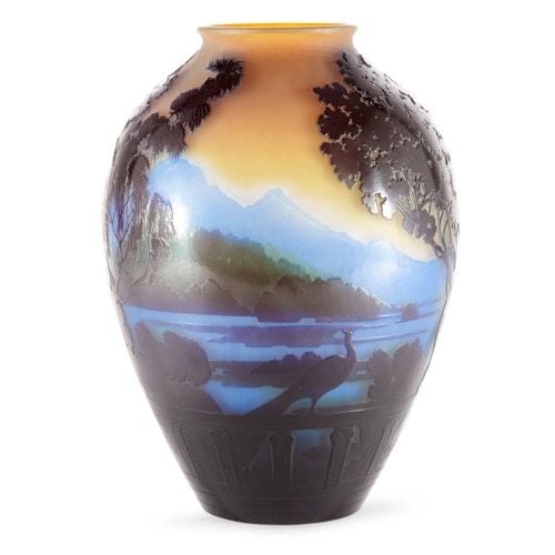 Art Nouveau cameo glass vase portraying Lake Como by Gallé