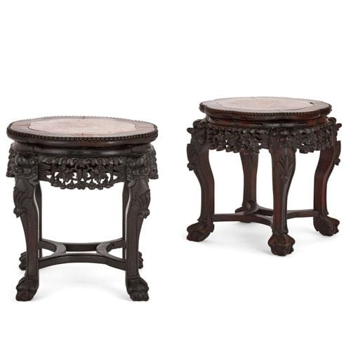 Pair of Chinese hardwood and red marble stands